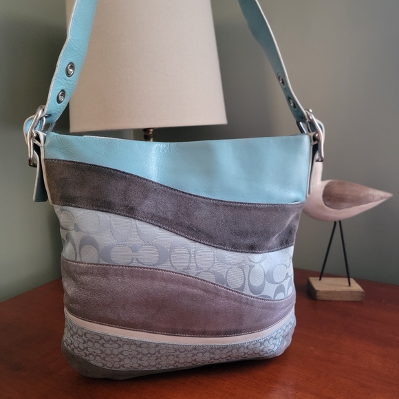 Coach F10653 Wave Signature Patchwork Blue Gray Leather Suede Duffle Bag Y2K - Picture 3 of 16